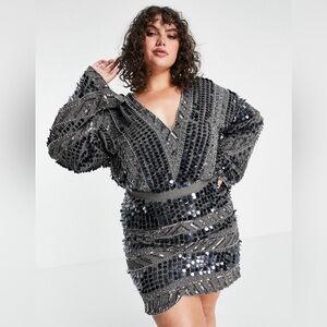 ASOS Design curve embellished patchwork mini dress waist detail silver I8 NWT